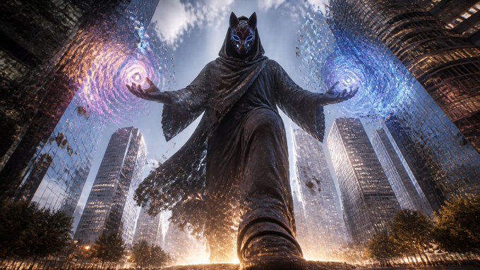 A hooded, masked figure with cat ears stands in a city street conjuring swirling purple and blue energy portals from both hands, with reflections visible in surrounding skyscrapers.