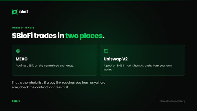 A website graphic for '$BioFi' stating '$BioFi trades in two places' with options for 'MEXC' exchange and 'Uniswap V2' pool, directed to 'biometricfinlandai.org'.