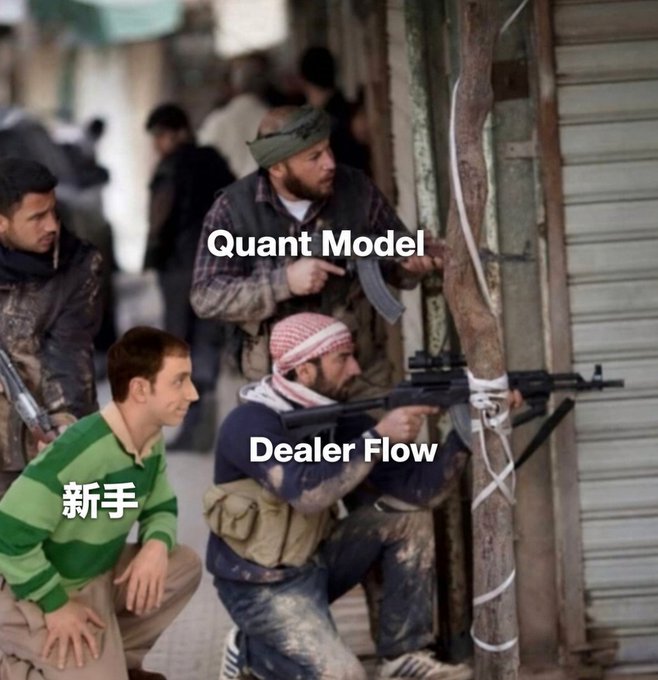 A warzone meme showing armed fighters labeled 'Dealer Flow' and 'Quant Model' providing cover for a civilian labeled '新手' (newbie) who is unarmed.