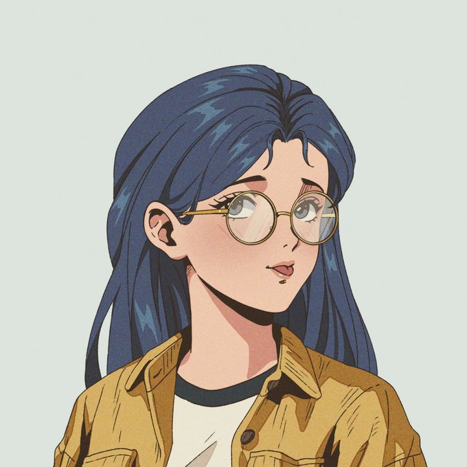 The image features a woman with long, dark hair wearing glasses and a yellow shirt. She has her head tilted slightly to the side as she looks off into the distance or at something out of frame. The background appears to be a light blue color, which contrasts nicely with the woman's dark hair. There is no text present in the image, but it seems that there might be some sort of post or caption related to NFTs and crypto content being shared by someone named "algo".