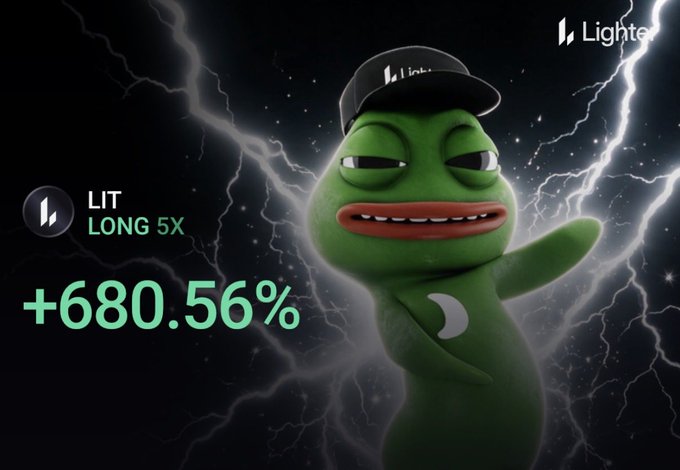 A promotional image for "Lighter" featuring a Pepe the Frog character wearing a branded cap against a stormy lightning background, displaying "LIT LONG 5X" and a massive gain of "+680.56%".