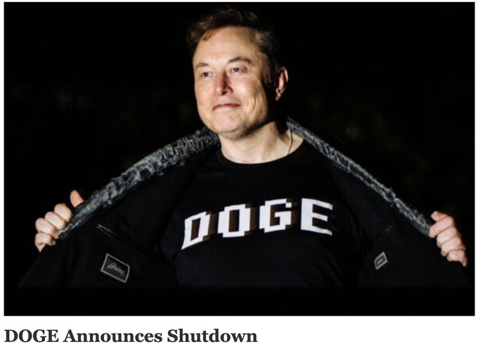 A man reveals a black shirt reading "DOGE" against a dark background, with the caption "DOGE Announces Shutdown" acknowledging Elon Musk and the DOGE team's contributions upon the initiative's closure.
