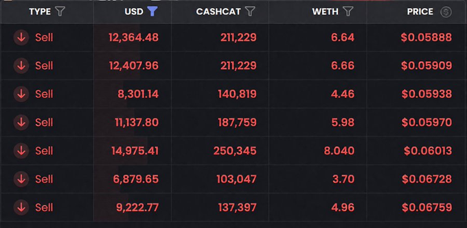 A cryptocurrency trading interface showing 'Sell' orders with columns for USD, CASHCAT, WETH, and PRICE, with USD values ranging from 6,879.65 to 14,975.41 and prices around $0.05-$0.06.