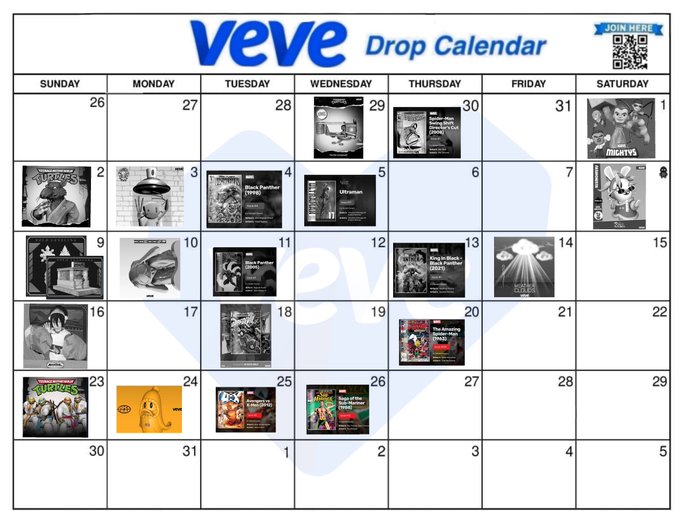 A 'veve Drop Calendar' showing a monthly schedule with various NFT drops, including titles like 'The Amazing Spider-Man,' 'Star Wars,' 'Mightyverse,' and 'Teenage Mutant Ninja Turtles.'