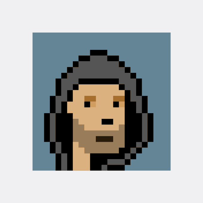 A pixel art style portrait of a bearded man with dark hair wearing headphones, rendered in tan and brown tones against a teal background.