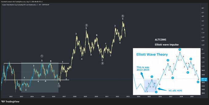 A TradingView chart titled 'DOWNDOLL created with TradingView.com, Aug 17, 2024 08:48 UTC+2' displaying the Crypto Total Market Cap Excluding BTC with Elliott Wave Theory annotations, alongside an inset diagram showing 'Elliott Wave Theory' with notes 'This is was 2023-2025' and 'WE ARE HERE'.