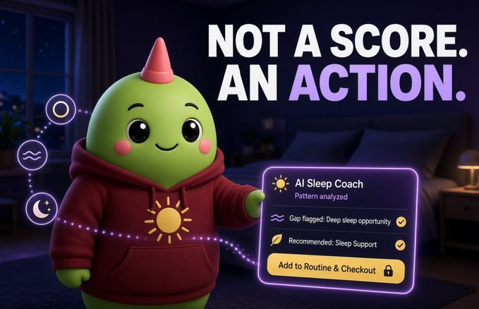 A cute green mascot in a maroon hoodie with a small red horn stands in a dimly lit bedroom, presenting a glowing purple screen reading "NOT A SCORE. AN ACTION." that displays an "AI Sleep Coach" panel flagging "Deep sleep opportunity" and recommending "Sleep Support" with an "Add to Routine & Checkout" button. The image reinforces the post's message about Sleepagotchi delivering actionable sleep insights rather than just a rating, mirroring the user's late-night experience of receiving personalized guidance on their sleep struggles.