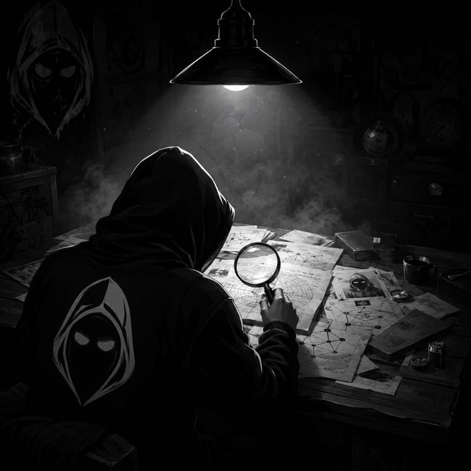 A hooded figure examines clues with a magnifying glass under a dim lamp, surrounded by scattered maps and documents with a mysterious emblem on their hoodie, evoking the detective work of "THE HOOD HUNT" mystery challenge.