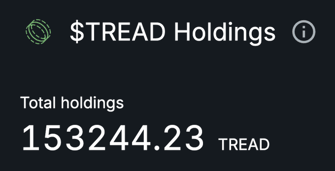 A dark-themed digital wallet screen displays '$TREAD Holdings' with a total of '153244.23 TREAD' next to a green coin icon.
