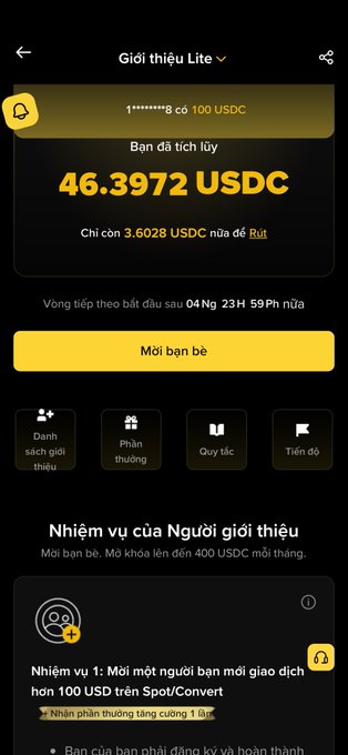 A mobile app screen in Vietnamese displaying a referral earnings page with a balance of 46.3972 USDC.