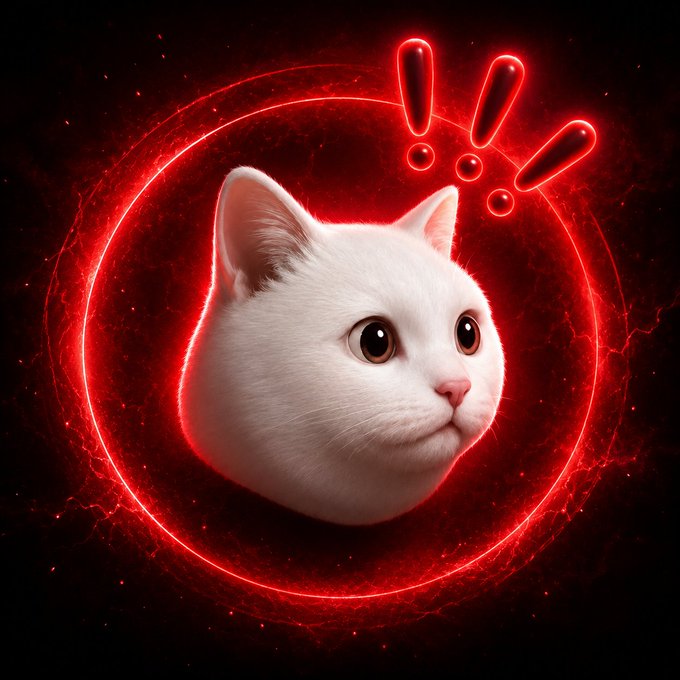 Digital artwork of a white cat with wide eyes surrounded by glowing red neon rings and exclamation marks on a black background.