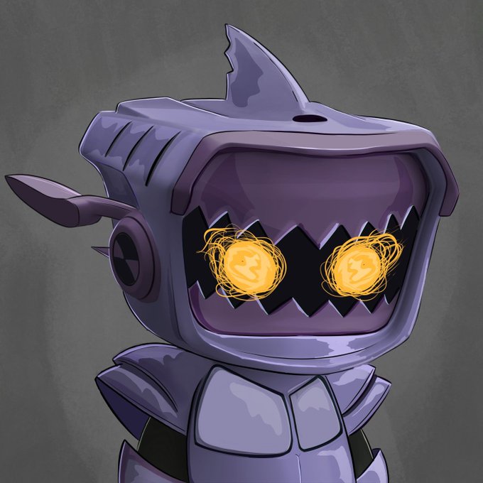A digital illustration of a menacing purple shark-like robot character with glowing orange eyes and sharp metallic teeth.