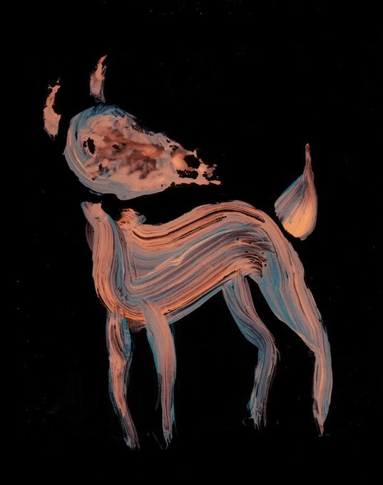 An abstract painting of a horse-like figure rendered in swirling strokes of orange, peach, and blue against a black background.
