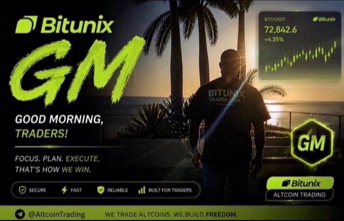 The image is a Bitunix "Good Morning" promotional banner displaying BTC/USDT at 72,842.6 (+4.35%) alongside motivational text "FOCUS. PLAN. EXECUTE. THAT'S HOW WE WIN" and "WE TRADE ALTCOINS. WE BUILD FREEDOM."

While the post emphasizes the unglamorous patience and discipline of trading during quiet, actionless periods, the image ironically highlights the opposite—a flashy green market up 4.35%—creating a contrast between the celebration of winning and the post's reminder that true trading skill is forged in boredom and restraint.
