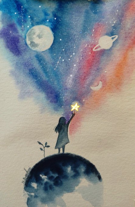 A watercolor painting showing the silhouette of a girl standing on a globe-like planet, reaching up to touch a glowing star in a colorful cosmic scene with the moon and Saturn.