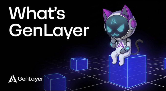 A promotional graphic featuring the text "What's GenLayer" alongside a stylized cat-like robot mascot wearing headphones with the GenLayer "A" logo, sitting on a blue glowing cube in a digital grid environment. The GenLayer logo appears in the bottom-left corner, visually introducing the brand featured in the post about their blockchain adjudication layer for resolving disputes beyond traditional "code is law" smart contracts.