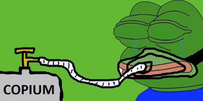 The image features a cartoon frog with a sad expression, connected to a faucet by a long piece of white paper that says "COPIUM" written on it. The frog appears to be crying or weeping as it is being pulled towards the faucet. The background of the image is green and has the word "COPIUM" written in yellow letters.