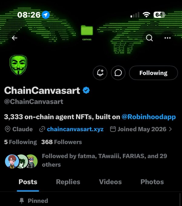 This image shows the Twitter profile for @ChainCanvasart, highlighting their "3,333 on-chain agent NFTs, built on @Robinhoodapp" and their website chaincanvasart.xyz. The text and company names in the image directly support the accompanying post about AI Agent NFTs on Robinhood.