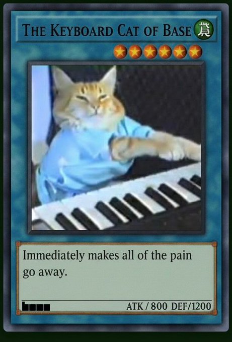 A custom Yu-Gi-Oh! card titled "The Keyboard Cat of BASE" featuring the famous orange cat wearing a blue shirt and playing a keyboard. The card lists ATK/800 DEF/1200, is set as a Wind attribute monster with six stars, and humorously claims it "Immediately makes all of the pain go away." 

The card ties into the post "Simply tappin onchain" by personifying the BASE blockchain as a comforting, peaceful presence—evoking the viral Keyboard Cat meme's soothing, nostalgic charm to convey an emotional, feel-good crypto vibe.