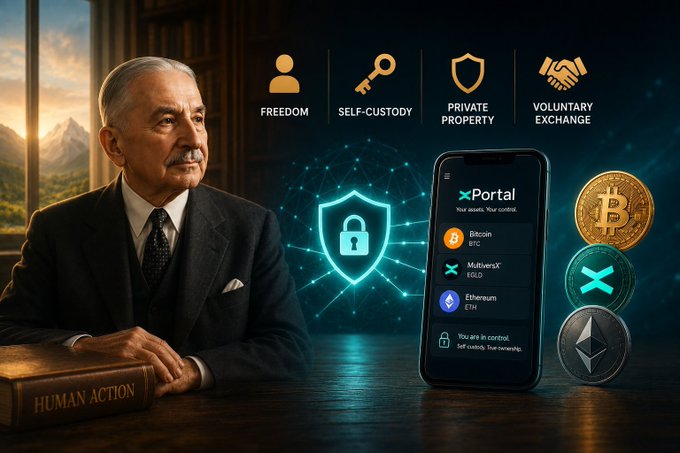 A digital illustration featuring an older gentleman in a suit beside a book labeled 'HUMAN ACTION,' with icons for FREEDOM, SELF-CUSTODY, PRIVATE PROPERTY, and VOLUNTARY EXCHANGE, alongside a phone displaying the xPortal app showing Bitcoin, MultiversX (EGLD), and Ethereum (ETH).