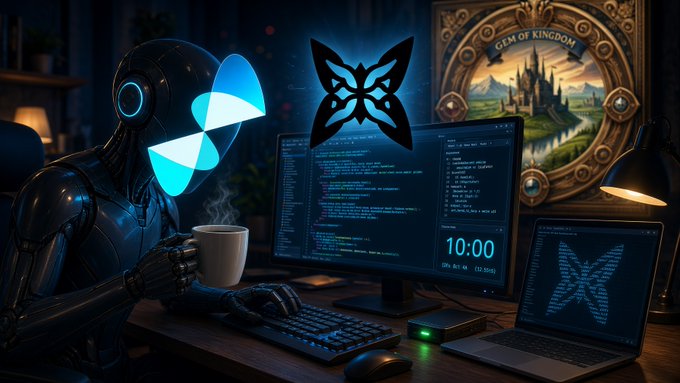 A digital artwork depicting a sleek black robot sitting at a desk, holding a steaming mug, with a butterfly-shaped blue logo overlay and a 'GEM OF KINGDOM' emblem in the background alongside a monitor displaying code and the time '10:00'.