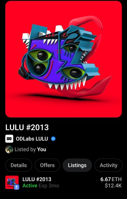A mobile app screenshot displaying an NFT listing for 'LULU #2013' by ODLabs LULU, priced at 6.67 ETH ($12.4K), featuring a colorful 3D monster character with multiple eyes and teeth on a red background.