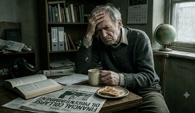 A weary older man sits at a desk with a cup, toast, and a newspaper headlined 'FINANCIAL COLLAPSE' and 'OIL PRICES', resting his head in his hand in front of bookshelves and a globe.