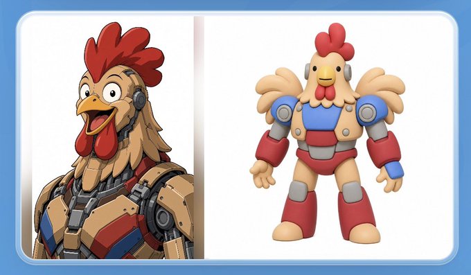 A side-by-side comparison shows a detailed mecha-style rooster character on the left and a simpler, cartoonish rooster robot toy figure on the right.