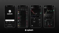 Four smartphones display the Splash cryptocurrency trading app interface, showing login screens and market charts.