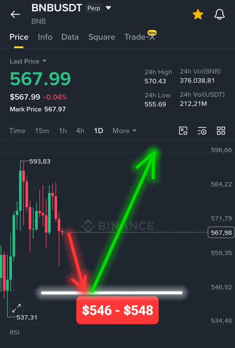 A Binance trading chart for 'BNBUSDT Perp' showing a Last Price of '567.99', with hand-drawn red and green arrows pointing to a support zone labeled '$546 - $548'.