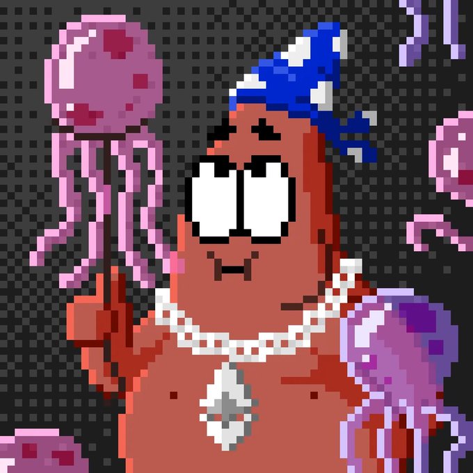 Pixel art illustration of a brown character with big eyes wearing a pearl necklace and a blue hair accessory, surrounded by pink jellyfish-like creatures against a dark background.