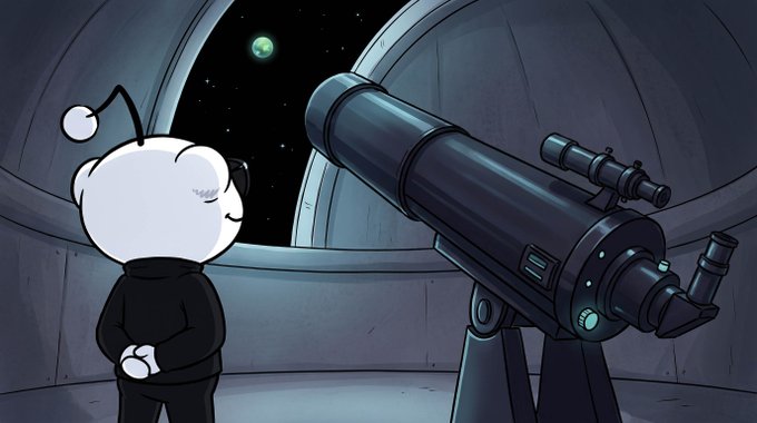 An animated illustration of a cute cartoon panda character in a black outfit standing in an observatory, looking through a large telescope at a green planet visible through the dome window.