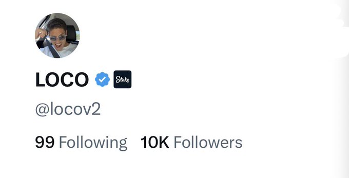 A Twitter/X profile screenshot showing "LOCO @locov2" with 99 Following and 10K Followers, paired with a celebratory post about reaching a 10,000 follower milestone and announcing an upcoming $1,000 giveaway.