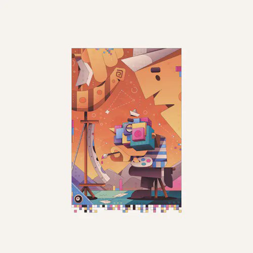 A stylized digital illustration featuring a figure with a camera for a head painting at an easel, surrounded by a colorful abstract background with pixel art elements at the bottom.