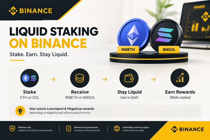 A Binance promotional graphic for "Liquid Staking" featuring WBETH and BNSOL tokens, illustrating a 4-step process: Stake ETH or SOL → Receive WBETH or BNSOL → Stay Liquid for DeFi use → Earn Rewards while staked, with additional mention of unlocking Launchpool & Megadrop rewards.