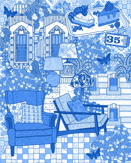 A detailed blue-and-white line illustration of a whimsical outdoor scene featuring an armchair and wooden chair with cushions, surrounded by lush flowers, a lamp, windows, butterflies, and a cake with a '35¢ SELE' sign.