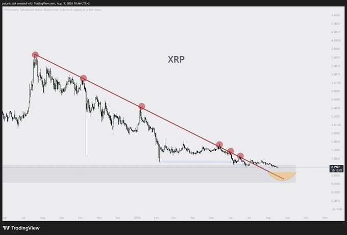 A TradingView chart of XRP/USDT shows a clear descending trendline marked with red circles at successive lower highs, with the price currently breaking below the trendline support near $0.29 and heading toward a highlighted accumulation zone around $0.70–$0.80, aligning with the post's plan to place deep bids for a swing trade opportunity.