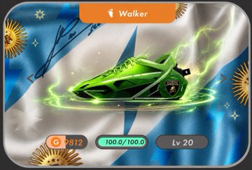A mobile game screen shows a green 'Walker' shoe item with lightning effects on a blue and silver background, displaying stats of 912 power, 100.0/100.0 durability, and Lv 20.