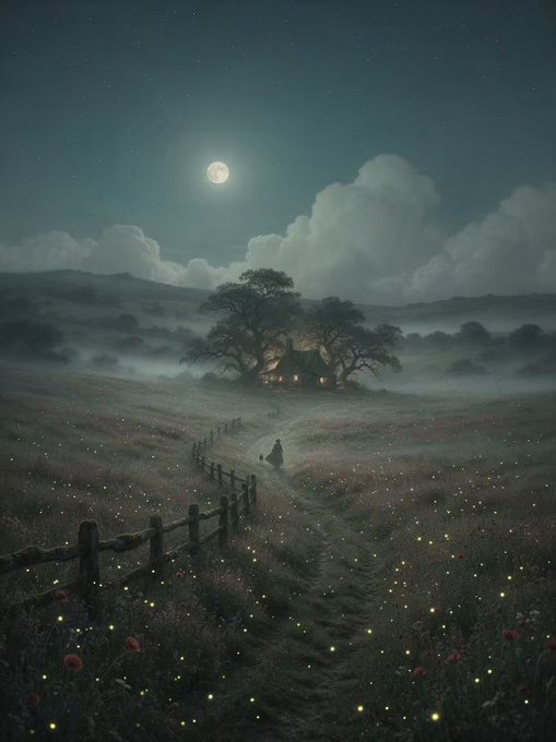 A nighttime scene of a person walking along a path toward a lit cottage under a full moon, with glowing specks dotting the surrounding field.