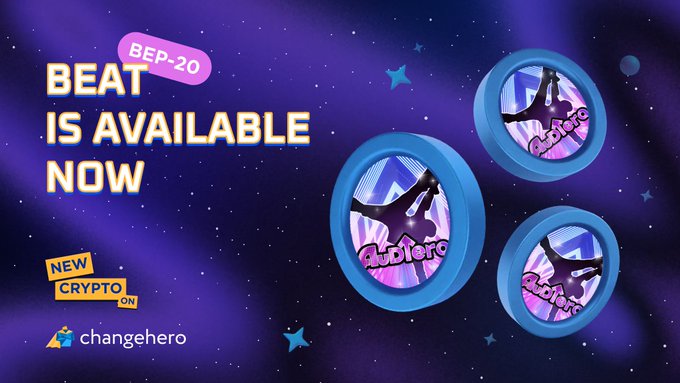 Promotional graphic announcing 'BEAT IS AVAILABLE NOW' as a new crypto on ChangeHero, with BEP-20 token icons shown on a purple starry background.