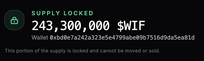 The image shows that 243,300,000 $WIF tokens are locked in wallet 0xbd0e7a242a323e5e4799abe09b7516d9da5ea81d, reinforcing the post's highlight of the $WIF supply being securely locked.