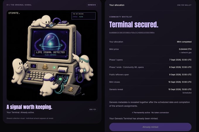 A digital NFT minting confirmation screen showing "Terminal secured" for the 404 Machine Genesis Terminal whitelist, with a mint price of 0.04444 ETH completed, alongside an illustration of cute octopus characters operating a retro computer displaying "LIFE SIGNAL DETECTED" on its monitor.