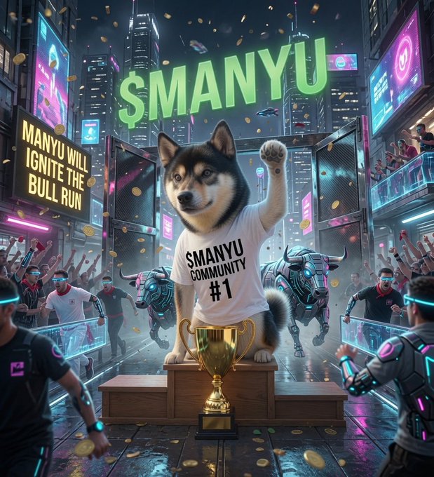 A stylized digital artwork of a Shiba Inu wearing a "$MANYU COMMUNITY #1" t-shirt, standing on a podium with a trophy, fist raised, with "$MANYU" and "MANYU WILL IGNITE THE BULL RUN" text in a cyberpunk city setting.