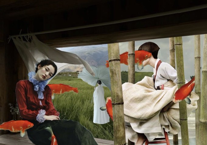 An artistic photo collage featuring two women in traditional-style attire sitting on wooden porches, with surreal goldfish floating around them against a green pastoral backdrop.