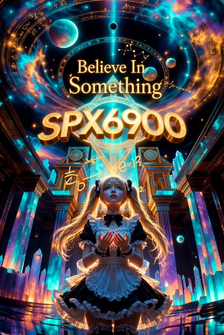 A digital poster reading 'Believe In Something SPX6900' featuring an anime-style character in a black and white dress surrounded by cosmic and architectural elements.