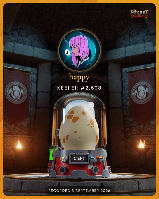 A 'happy KEEPER #2.508' NFT badge from Pocket Dragons, showing a purple-haired avatar above an egg incubator with the label 'LIGHT' and dated 'RECORDED 8 SEPTEMBER 2026.'
