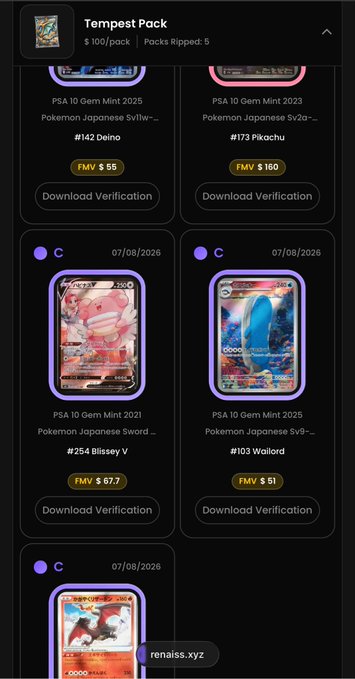 The image displays the "Tempest Pack" on what appears to be the Renaiss.xyz marketplace, showing ripped Pokémon Japanese cards including a Blissey V (PSA 10 Gem Mint 2021, #254) priced at $67.7 FMV and a Wailord (PSA 10 Gem Mint 2025, #103) at $51 FMV, both stamped with "C 07/08/2026" dates. This aligns with the post's message about "4c" packs being tested or "垫刀" (used to absorb risk), suggesting these card pulls from the Tempest Pack demonstrate successful high-value openings that justify buying more packs.