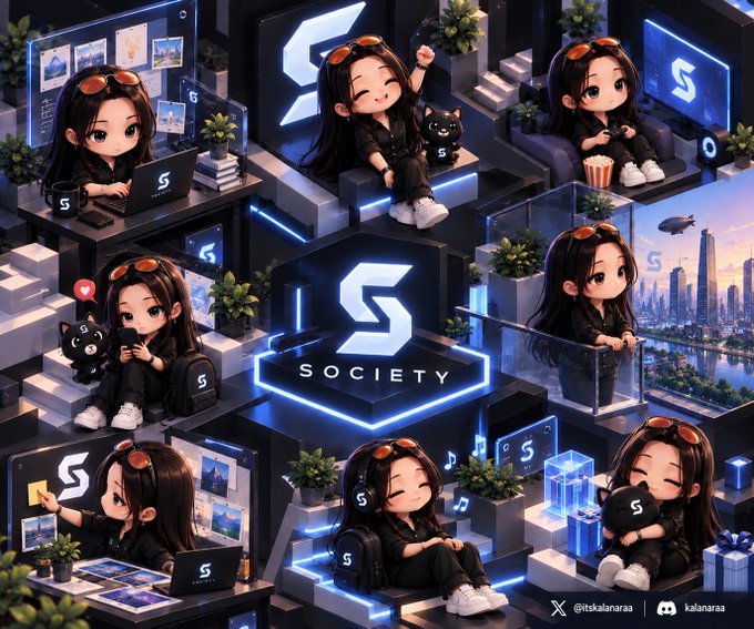 A collage of chibi-style anime girl illustrations in various scenes around an 'S SOCIETY' logo, credited to artists 'ttskalanaeraa' and 'kalanaeraa'.
