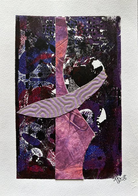 Mixed-media abstract collage artwork featuring purple, pink, and black tones with textured paper elements, a curved wing-like shape with concentric line patterns, and an artist's signature in the bottom right.