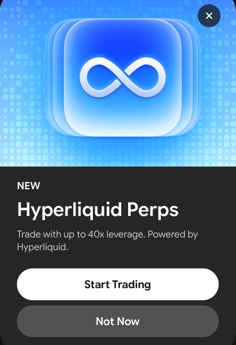 A promotional popup announces "NEW Hyperliquid Perps" offering up to 40x leverage powered by Hyperliquid, with "Start Trading" and "Not Now" buttons—matching the announcement that Base app now supports Hyperliquid perpetual futures trading directly within the platform.